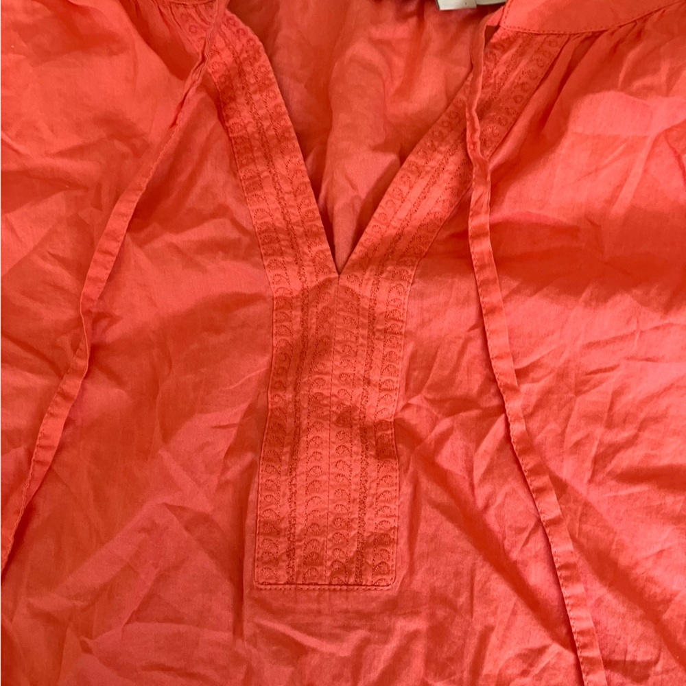 Loft Split Neck Embroidered Placket Orange Cotton… - image 3